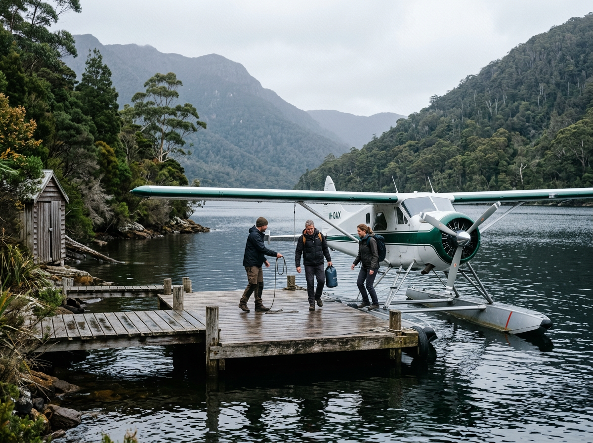 Light seaplane at rest on still water beside a remote shoreline