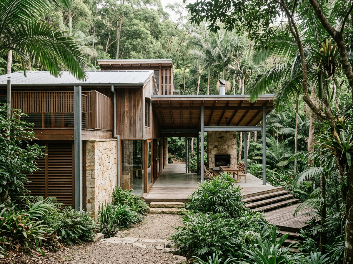 Timber and glass residence set into rainforest behind the Noosa coast