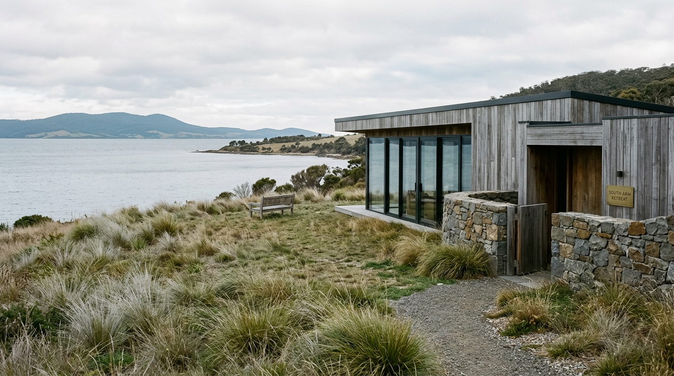 Low modern house of stone and glass on an open headland above cold blue water in southern Tasmania