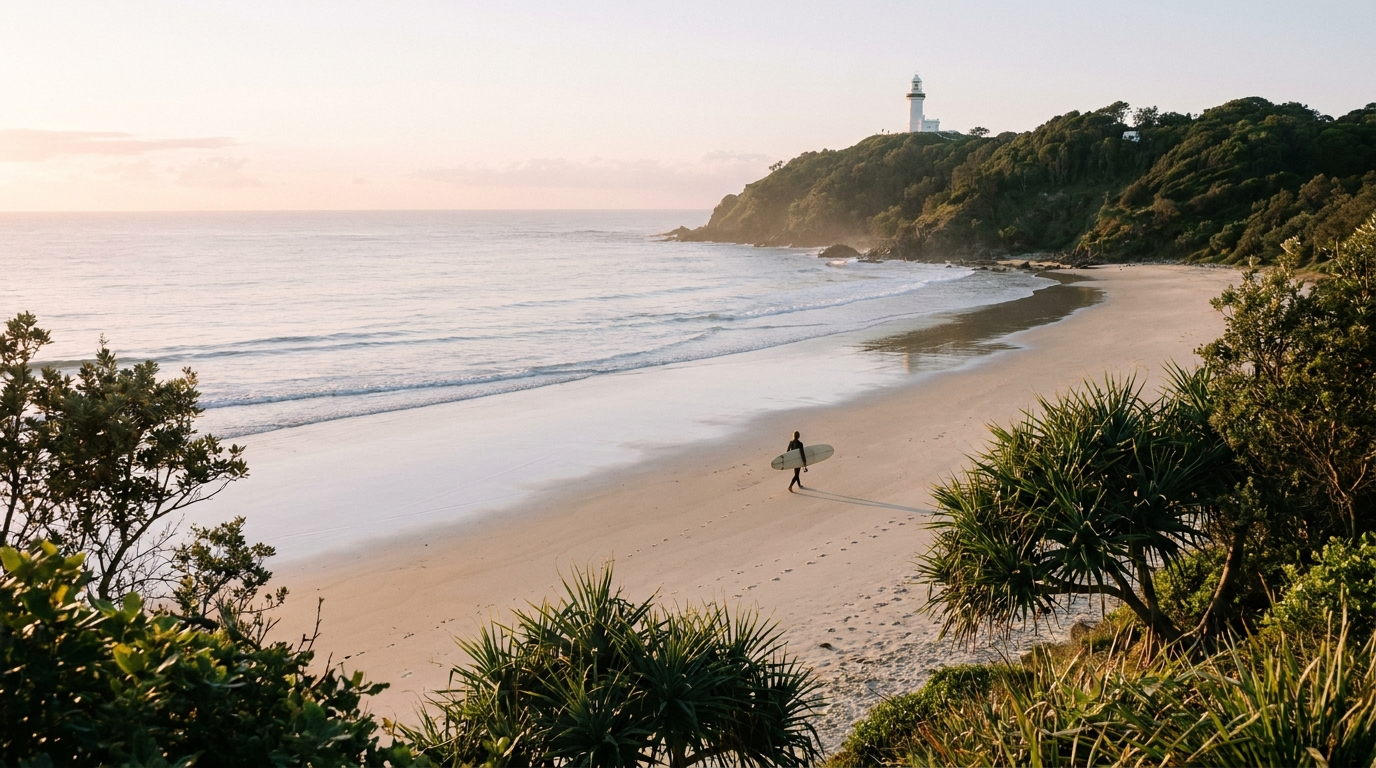 Cape Byron lighthouse and a surfer on the beach at first light