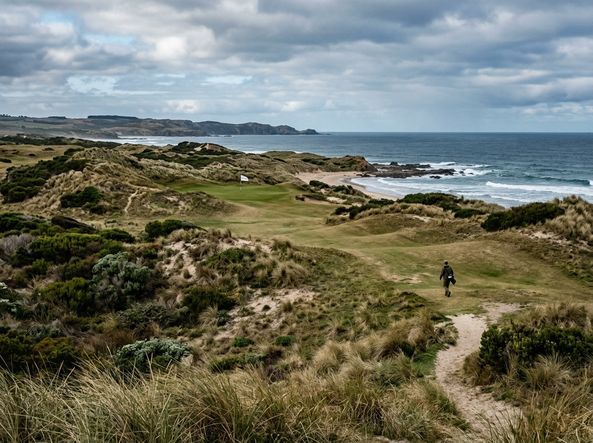 Windswept links fairway running through coastal dunes in north-east Tasmania