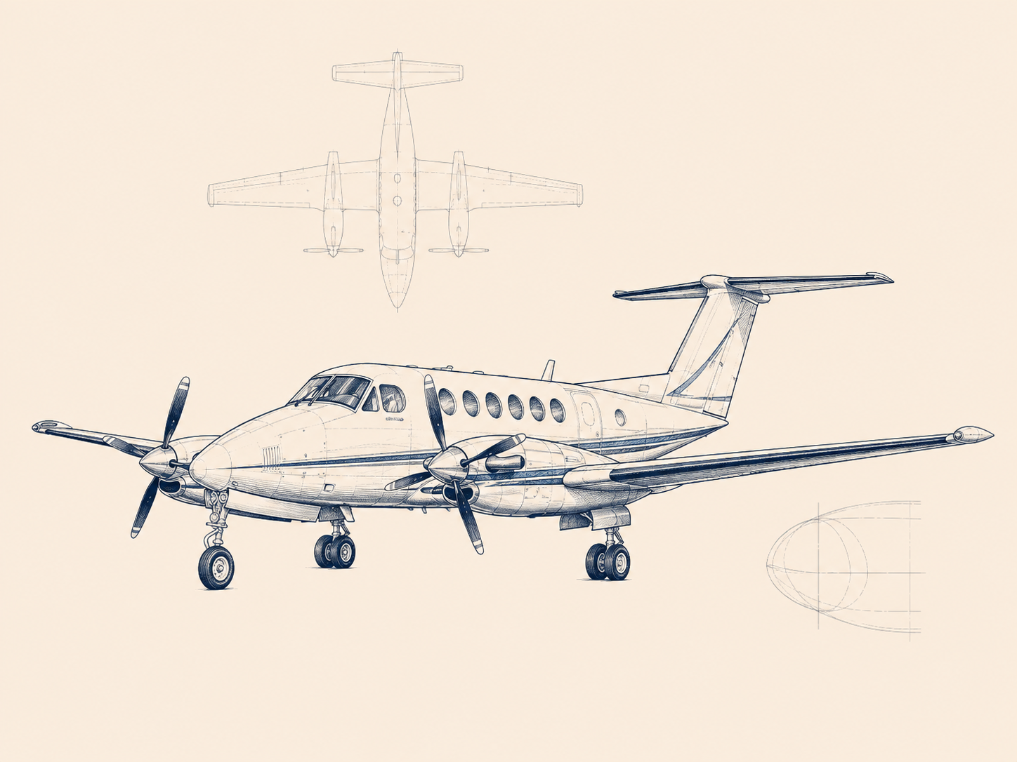 Technical sketch of a turboprop aircraft