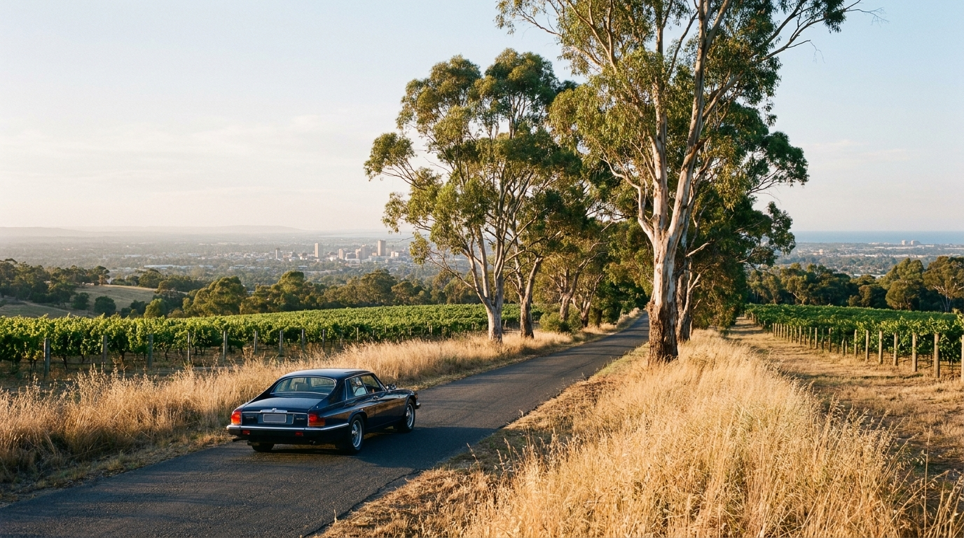 A vintage coupe on a vineyard road above Adelaide with the city and sea in the distance