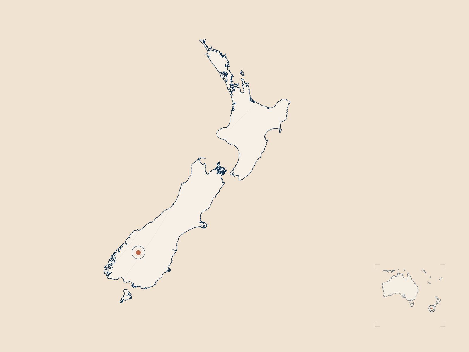 Drawn map of New Zealand with Queenstown marked in the South Island and a regional locator inset