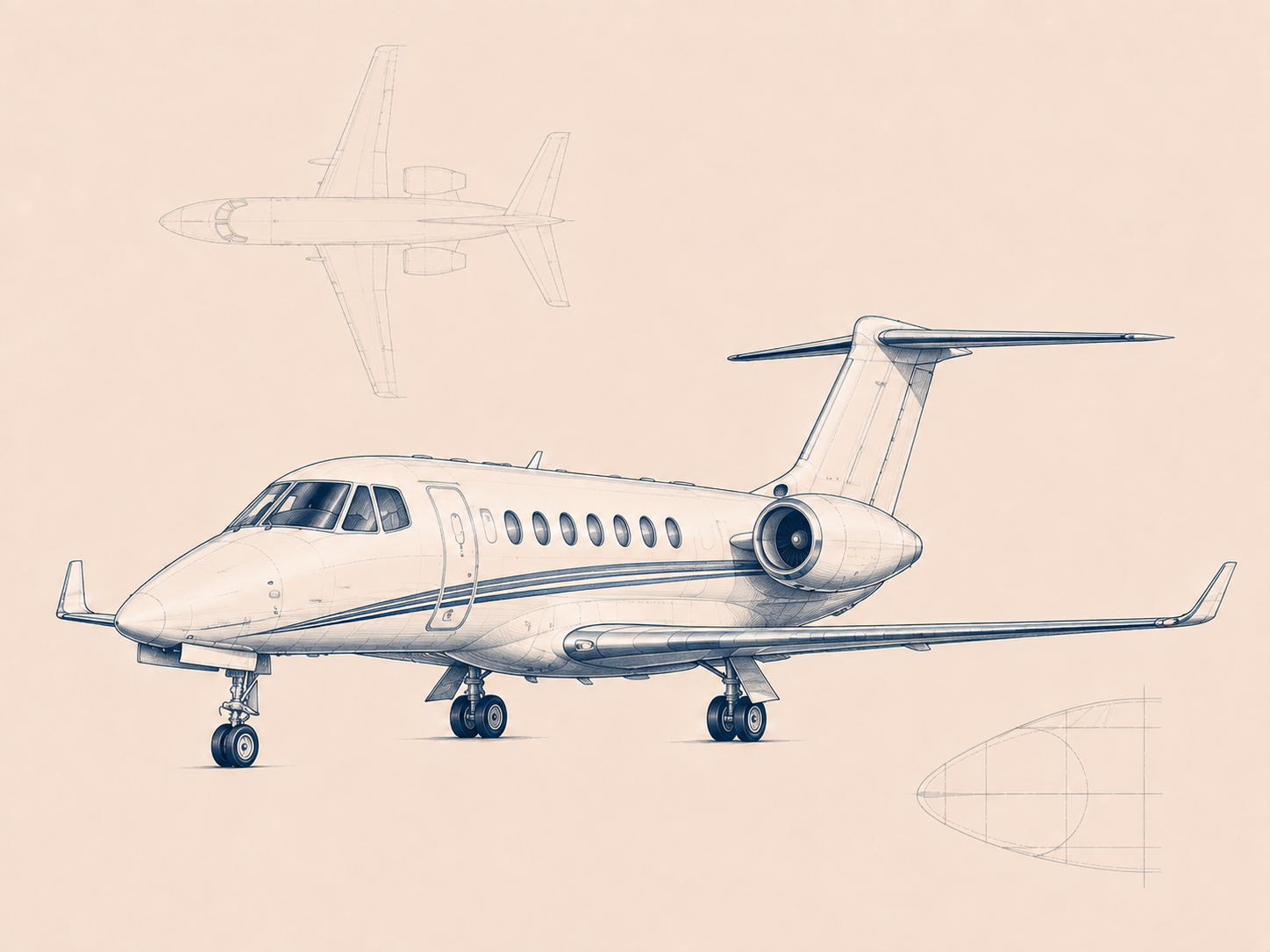 Technical sketch of a midsize jet