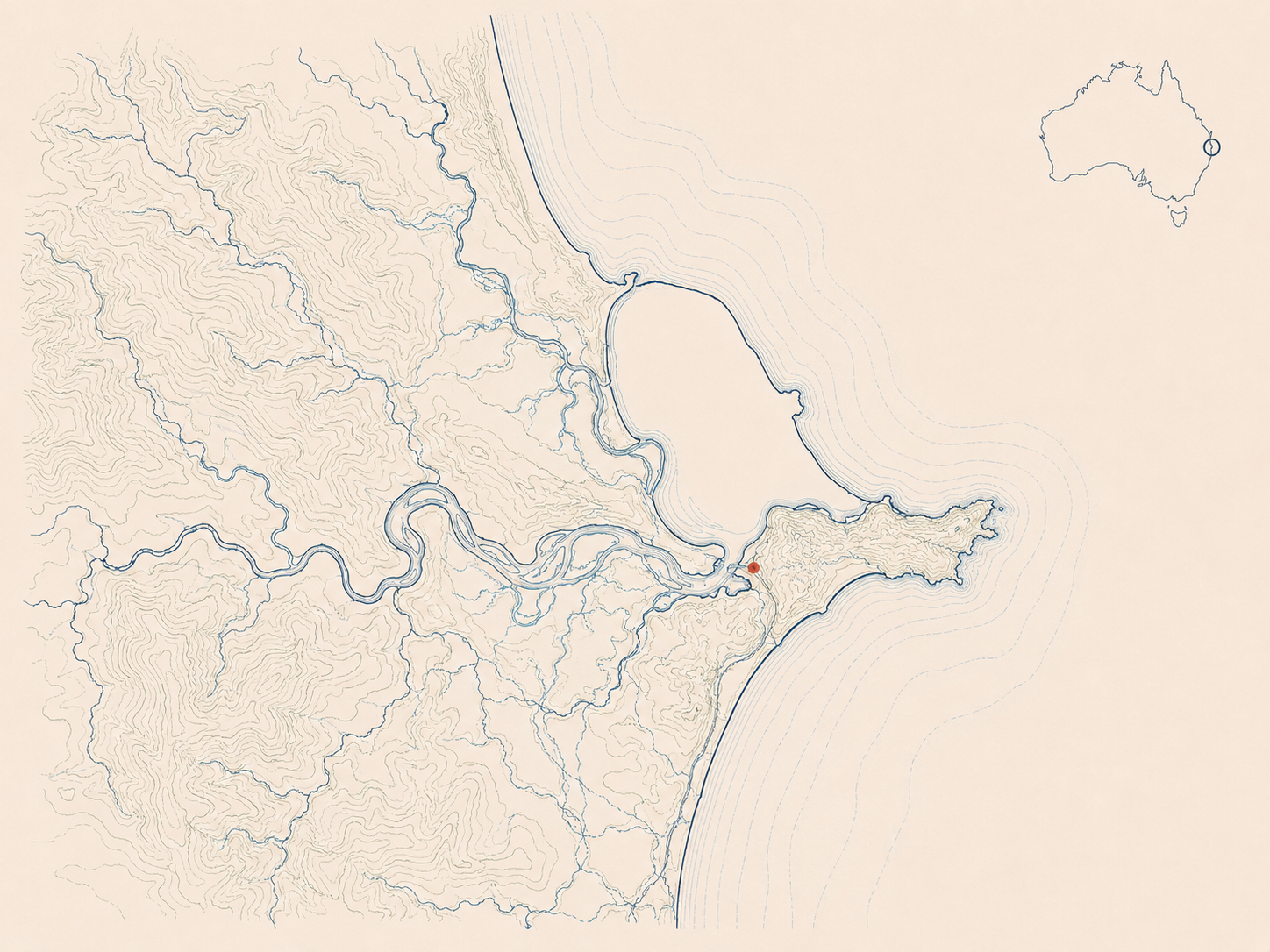 Drawn map of Sydney showing the harbour, river valleys and eastern coastline with a locator inset of Australia