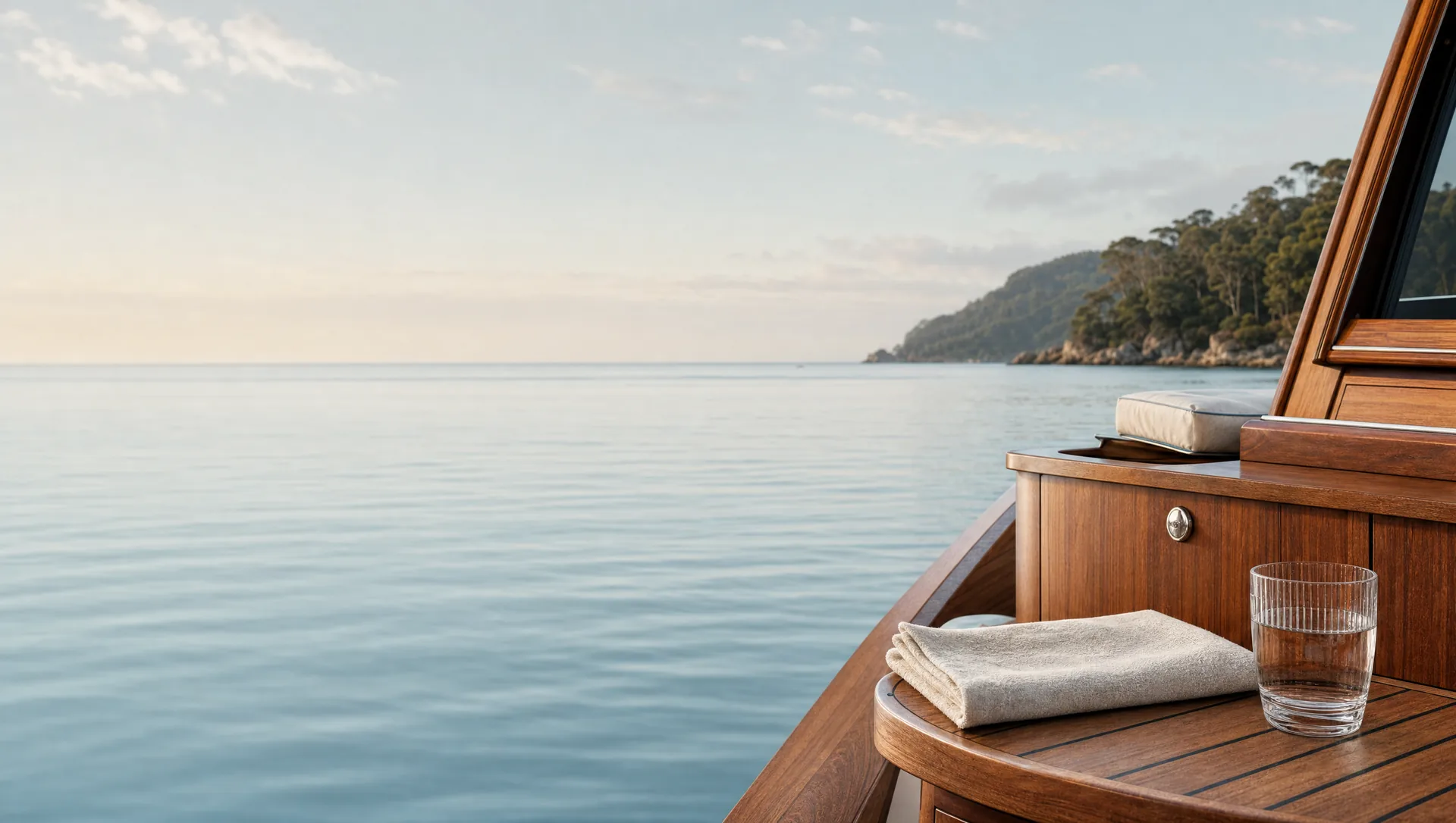 A timber boat deck at first light, a folded towel and glass of water on the side table, calm water and a wooded headland beyond