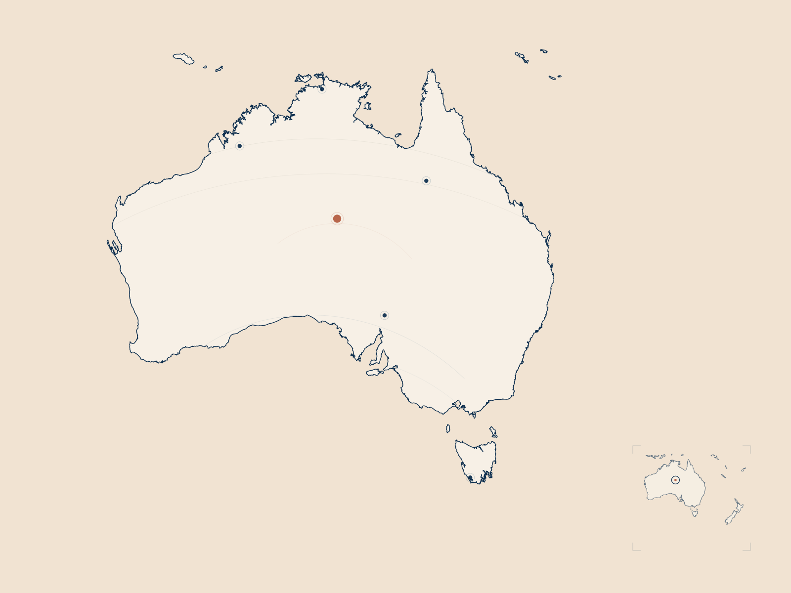Drawn map of Australia marking remote interior and outback lodge locations with connecting route lines