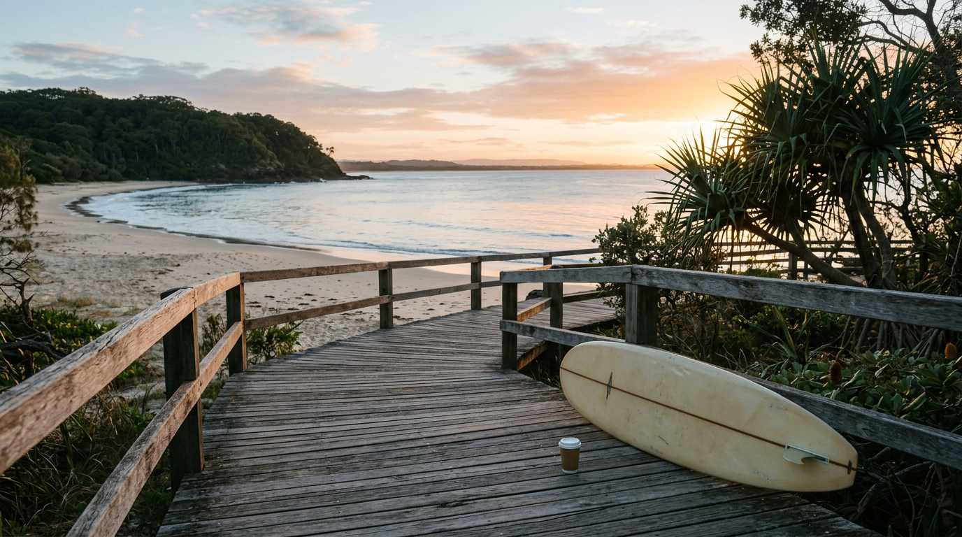 Sunrise over Noosa Main Beach with pandanus and the boardwalk in early light