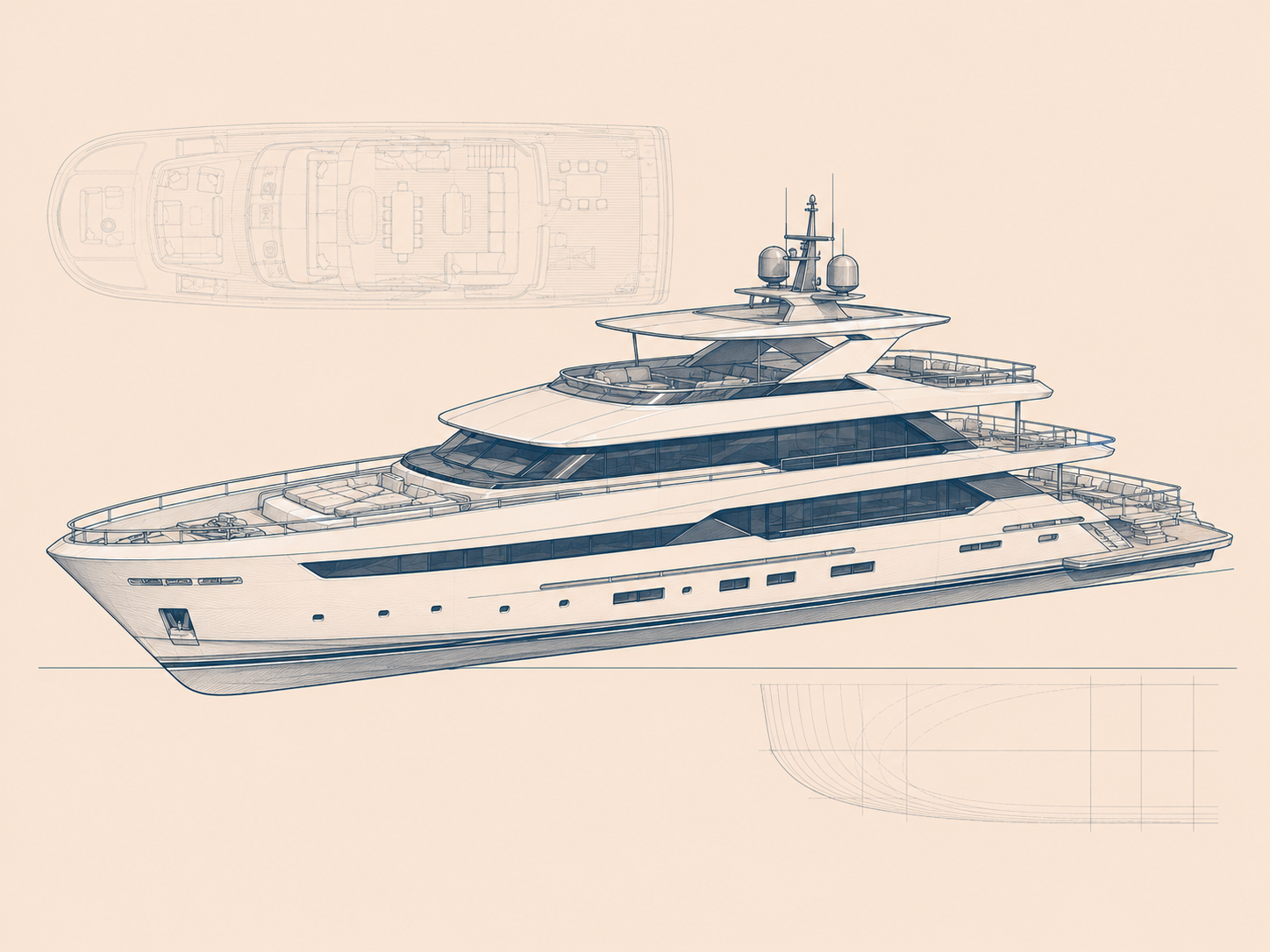 Technical sketch of a superyacht