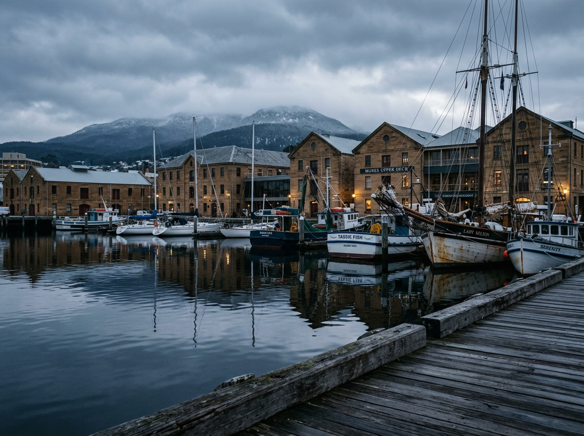 Hobart waterfront and moored boats under cold winter light