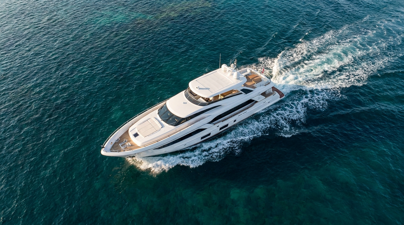 A motor yacht seen from above, cutting a white wake through clear turquoise water