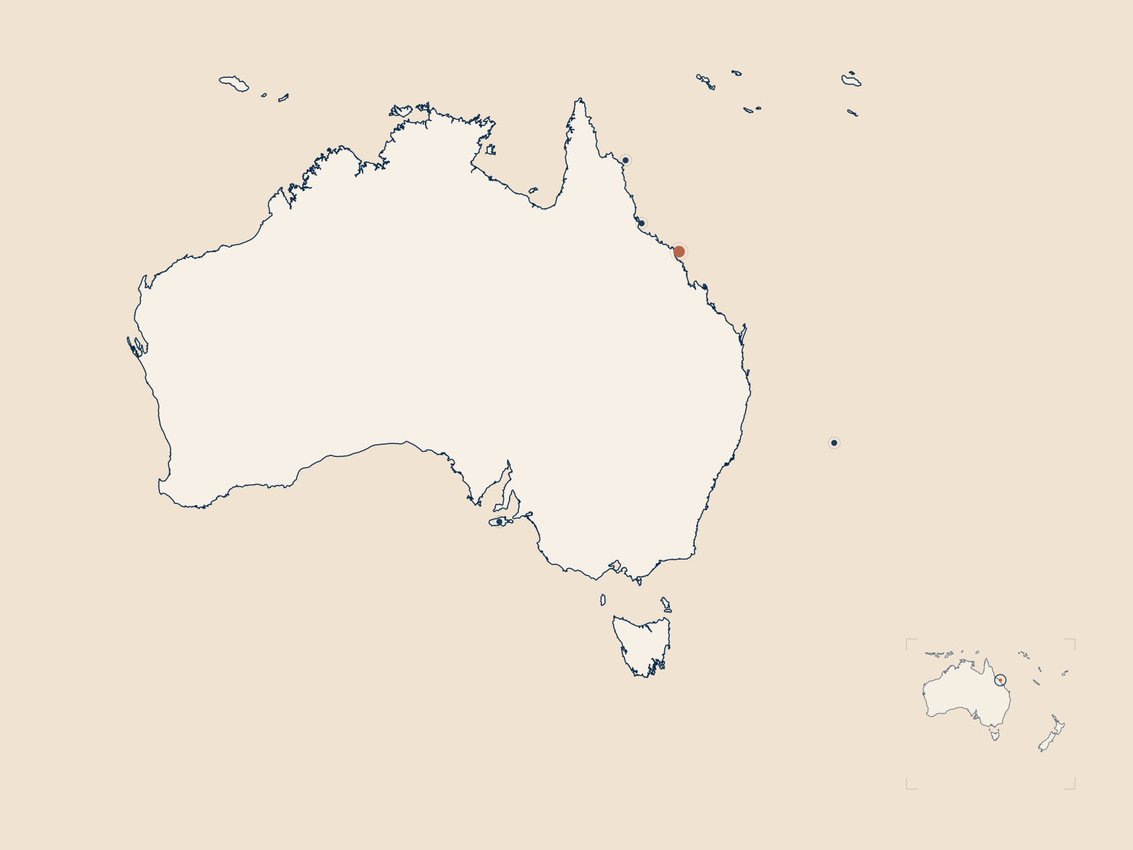Drawn map of Australia marking island destinations along the Queensland coast and offshore waters