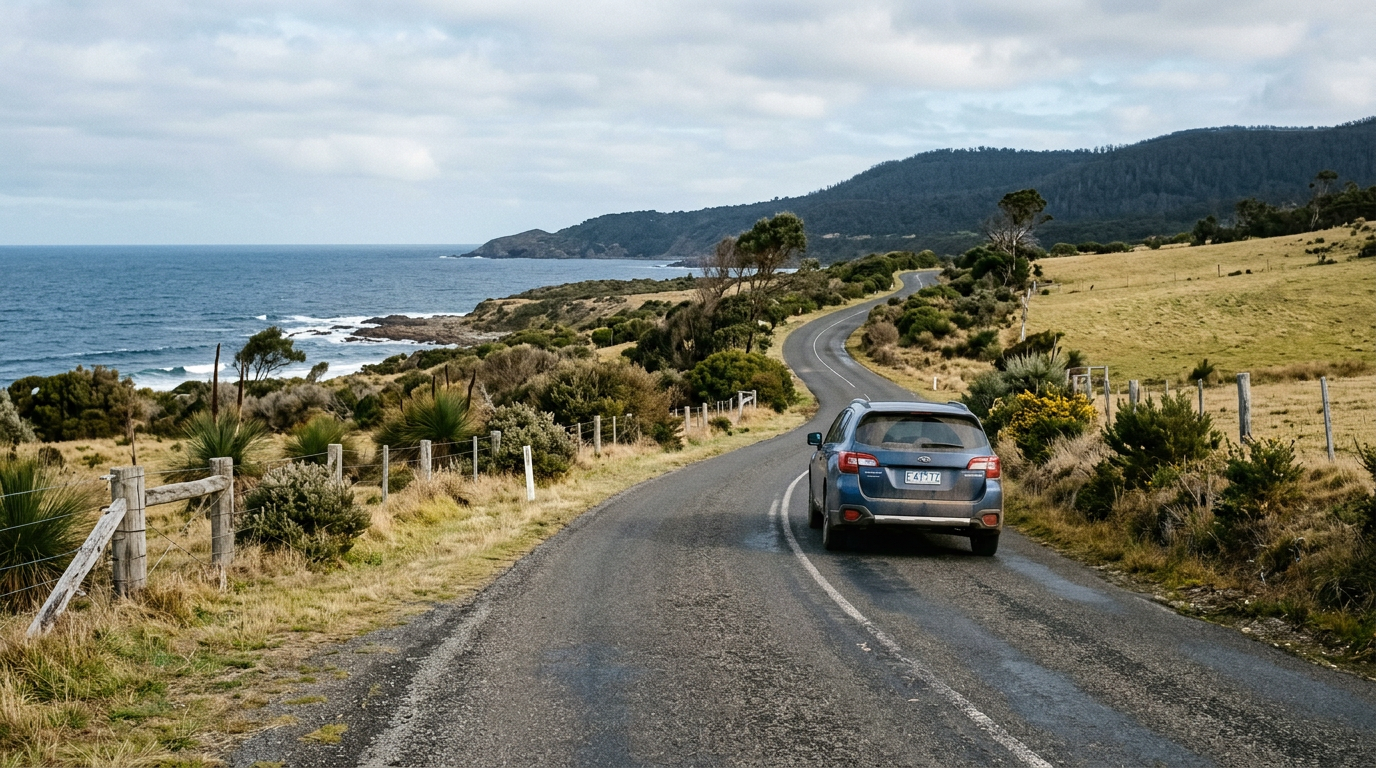 Two-lane road running between bush and coastline under changing Tasmanian weather