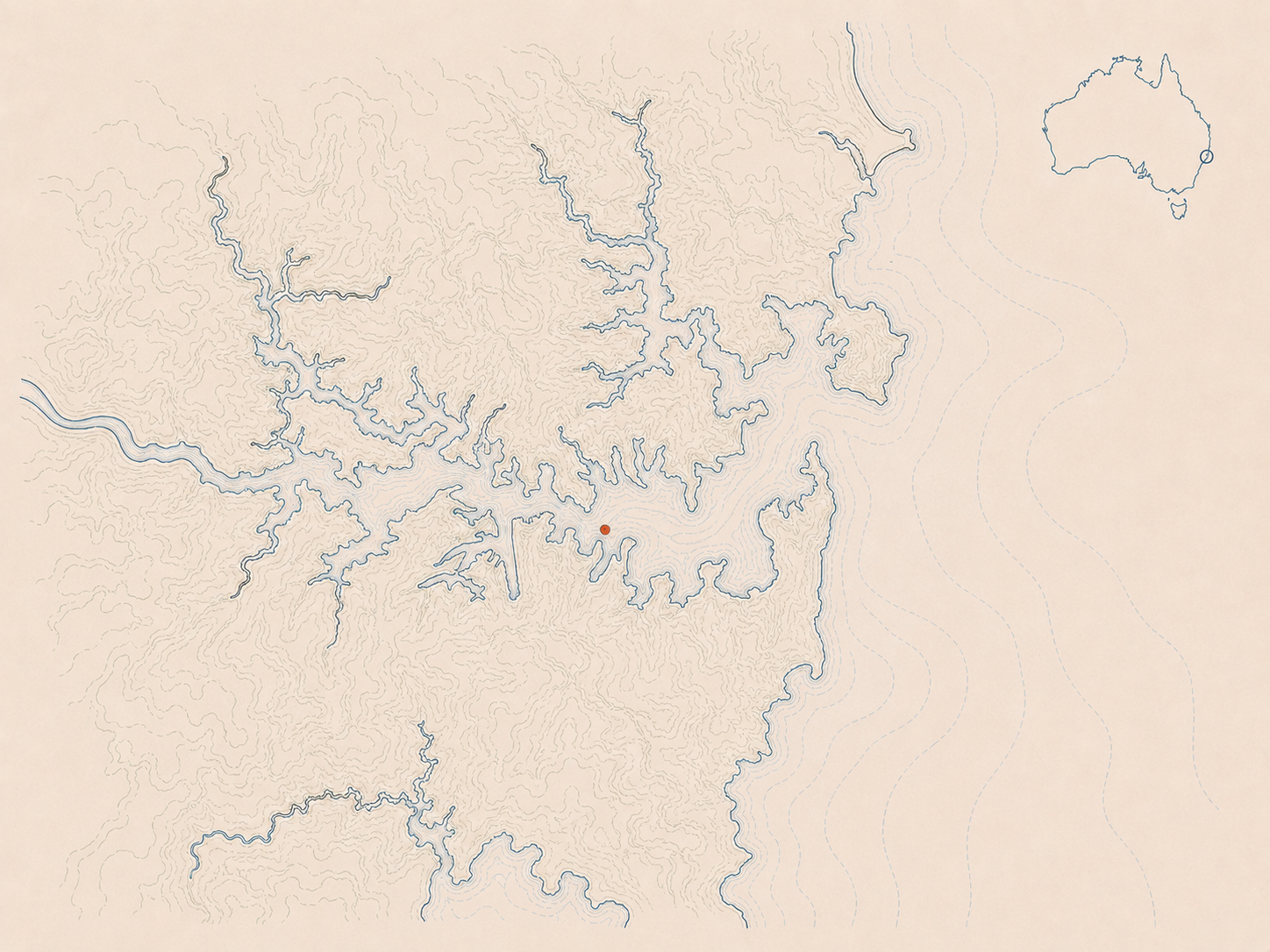Drawn map of the Whitsundays waterways and contours with Hamilton Island marked and a locator inset of Australia