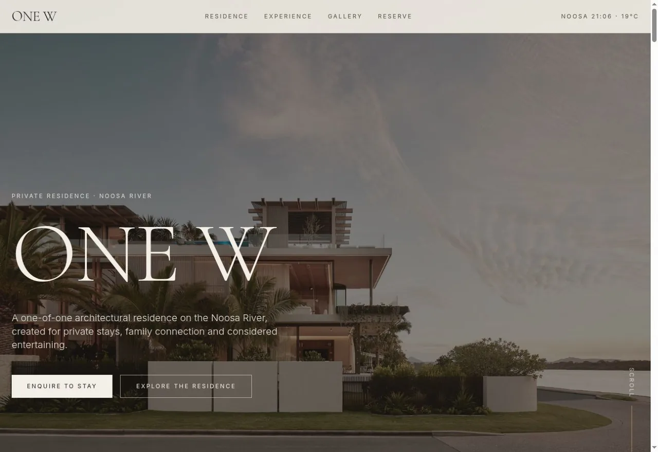 ONE W website homepage — a serif wordmark over a dusk photograph of the riverfront residence, with Residence, Experience, Gallery and Reserve navigation