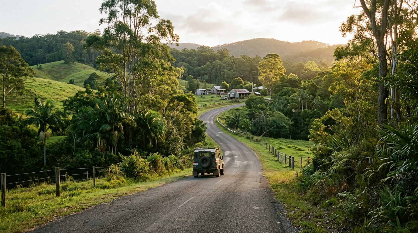 Narrow country road winding through the green hinterland behind Noosa