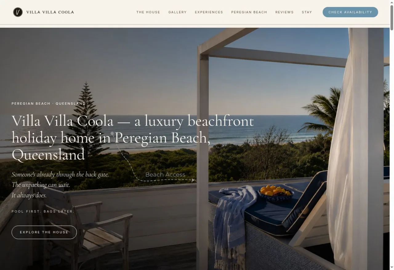 Villa Villa Coola website homepage — an ocean-view deck at dawn with the house name, Peregian Beach location line and Explore the House button