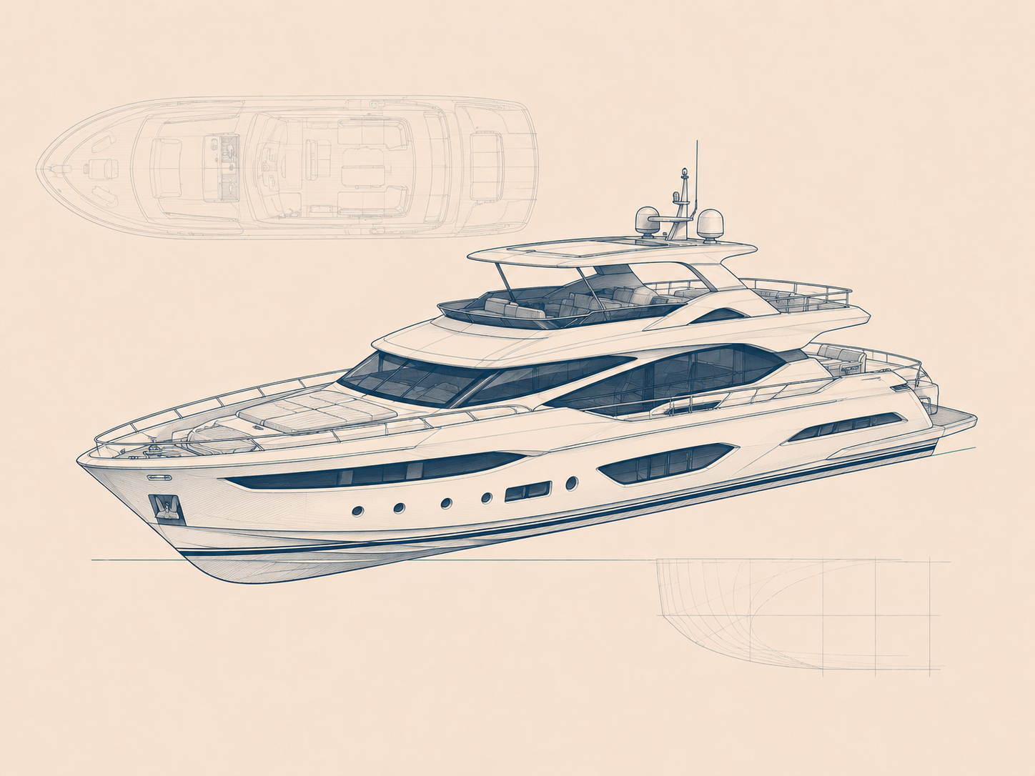Technical sketch of a motor yacht