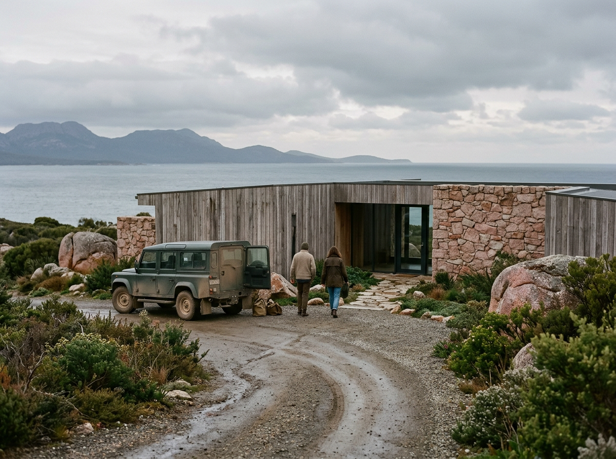Low timber and glass building set among coastal bush above an east-coast bay