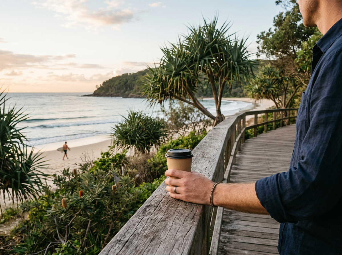 Coffee in hand at the start of the Noosa boardwalk early in the morning