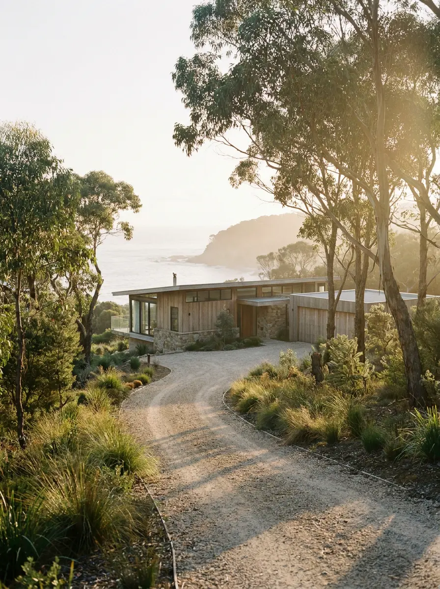 A timber and stone house among gum trees, a gravel drive curving down towards the sea