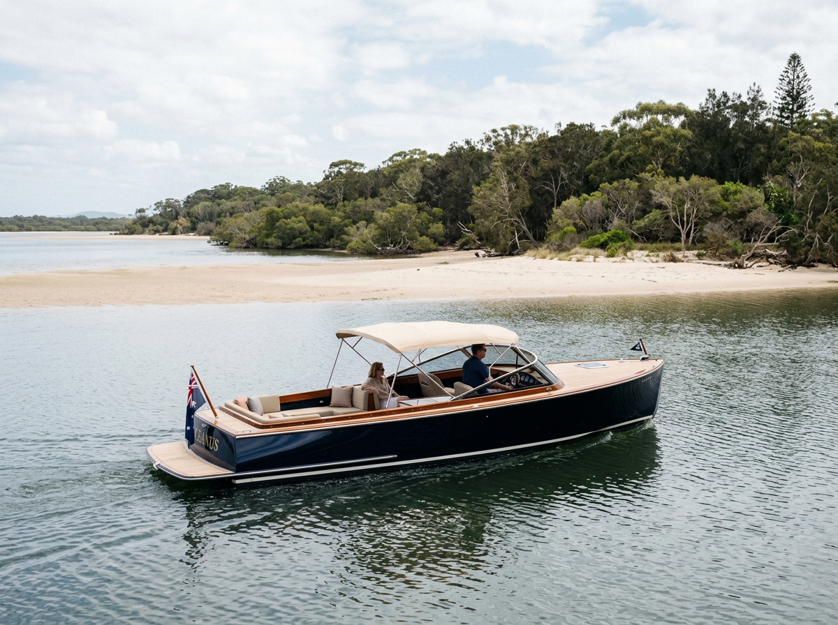 Understated private day boat on the Noosa River in the middle of the day