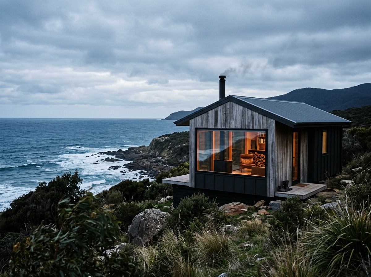 Small timber cabin standing alone in remote coastal scrub above open water