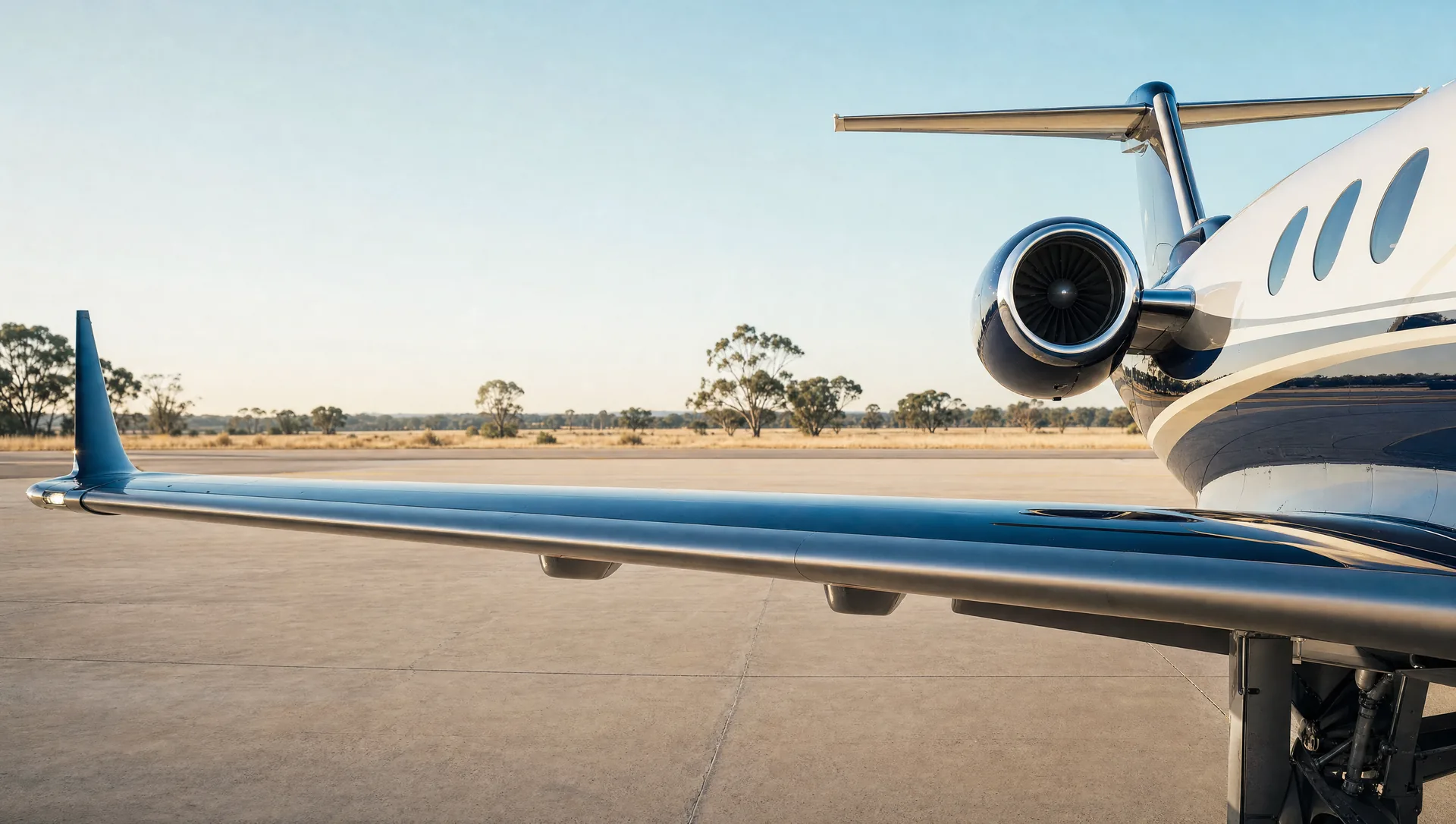 The wing and tail of a private jet on a quiet country airstrip, gum trees behind