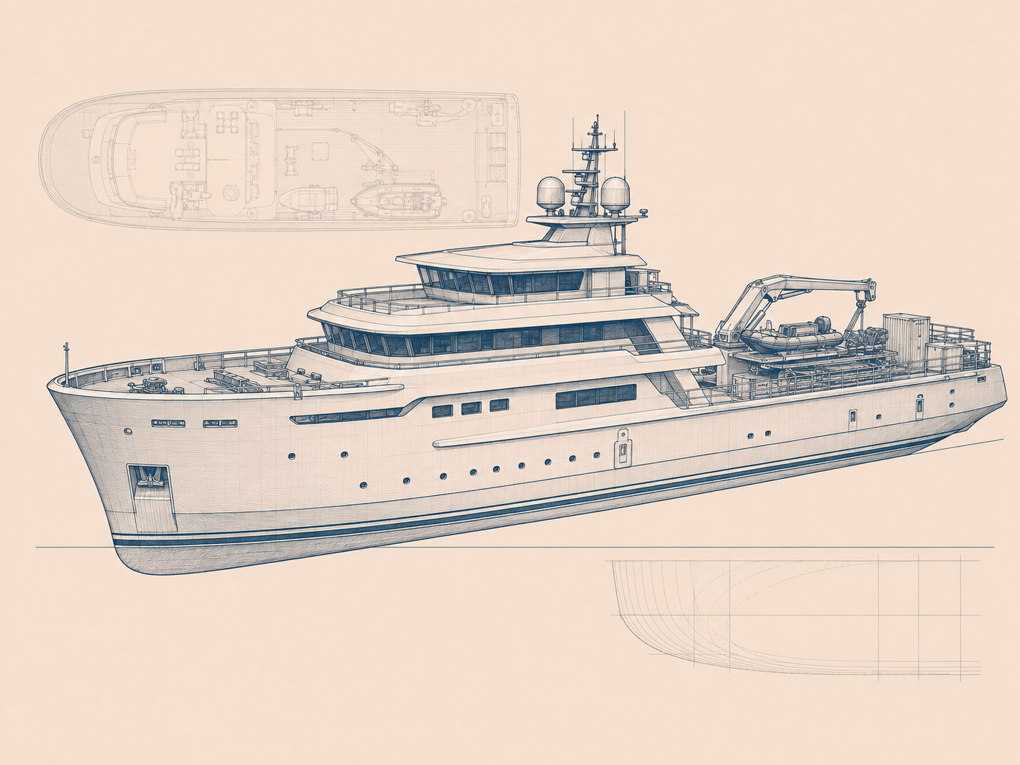 Technical sketch of an expedition yacht showing profile, deck plan and hull sections