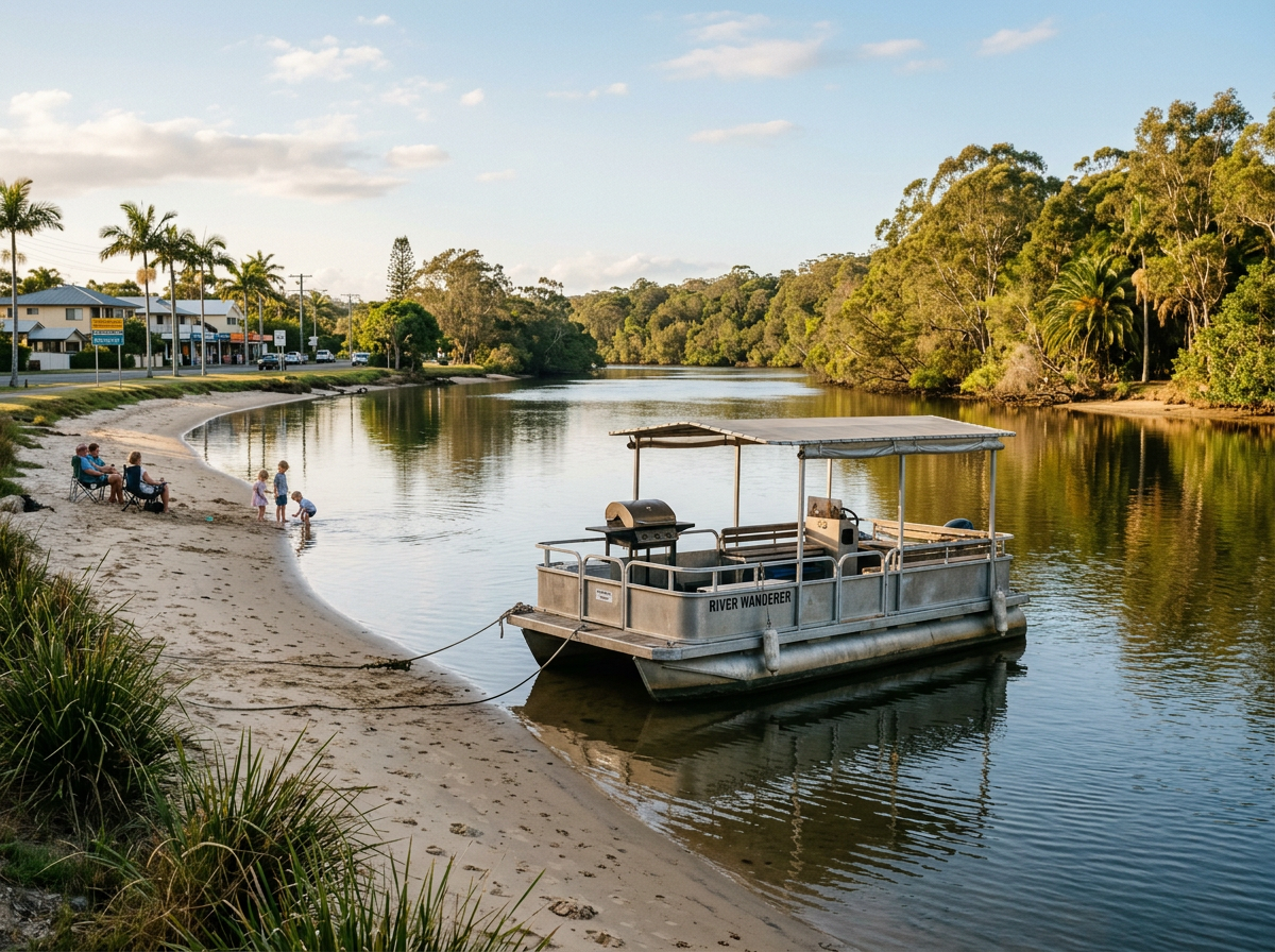 Small BBQ boat on the Noosa River off Gympie Terrace in the afternoon