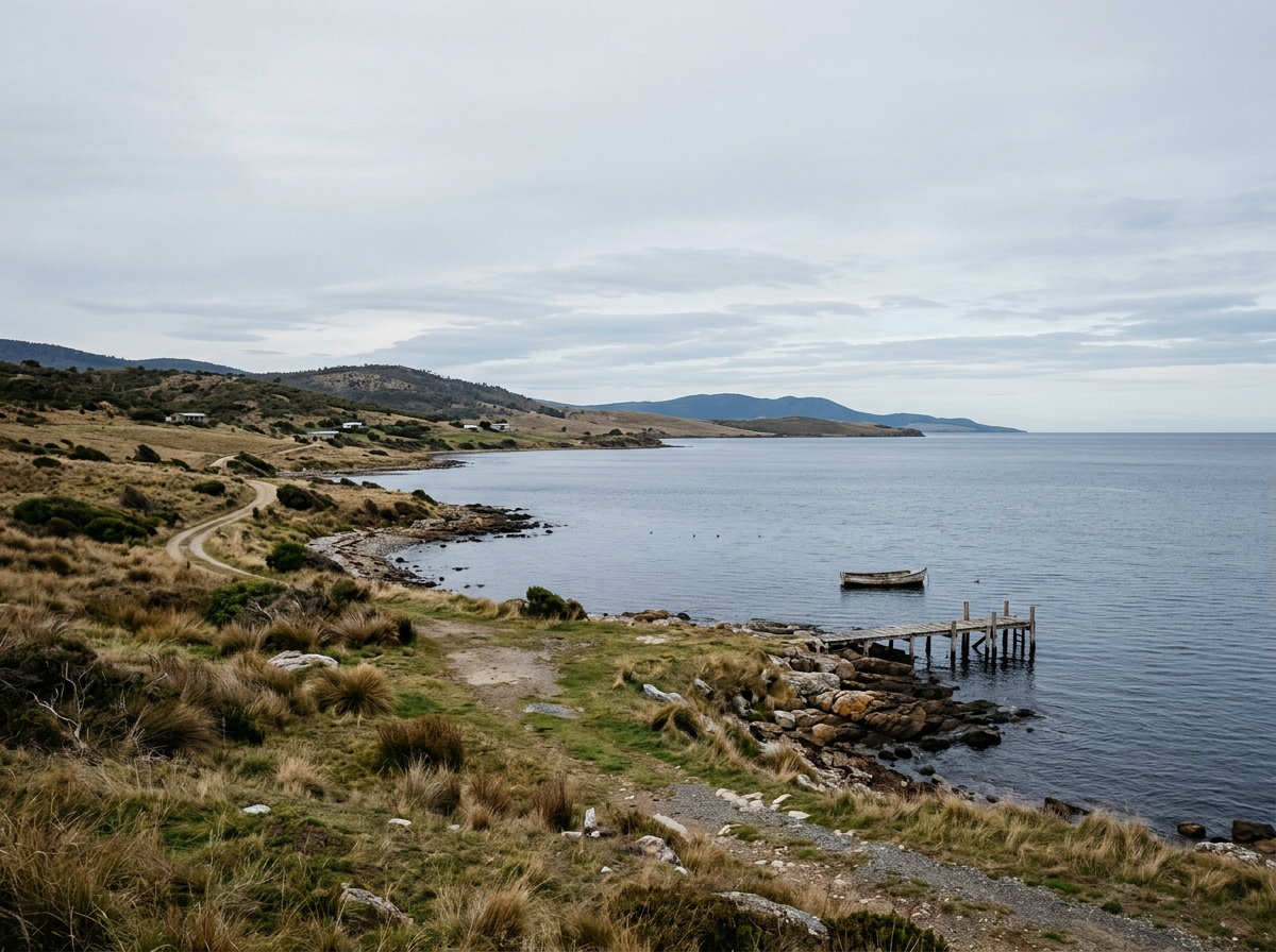 Grassed coastal country falling away to a wide sheltered bay south of Hobart