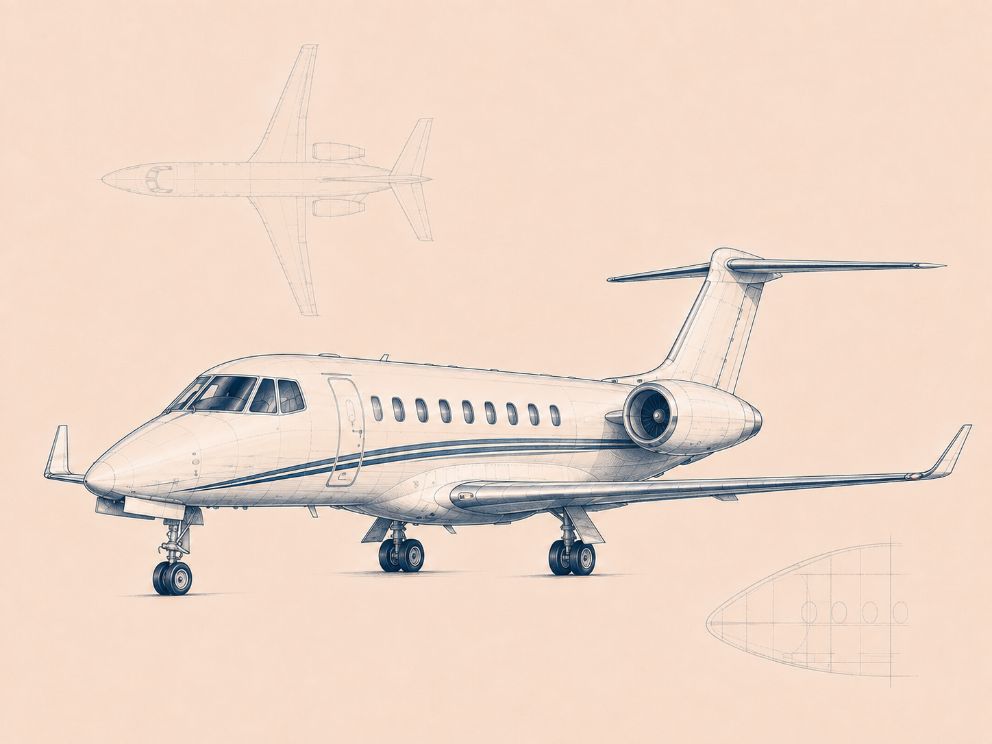 Technical sketch of a super-midsize jet