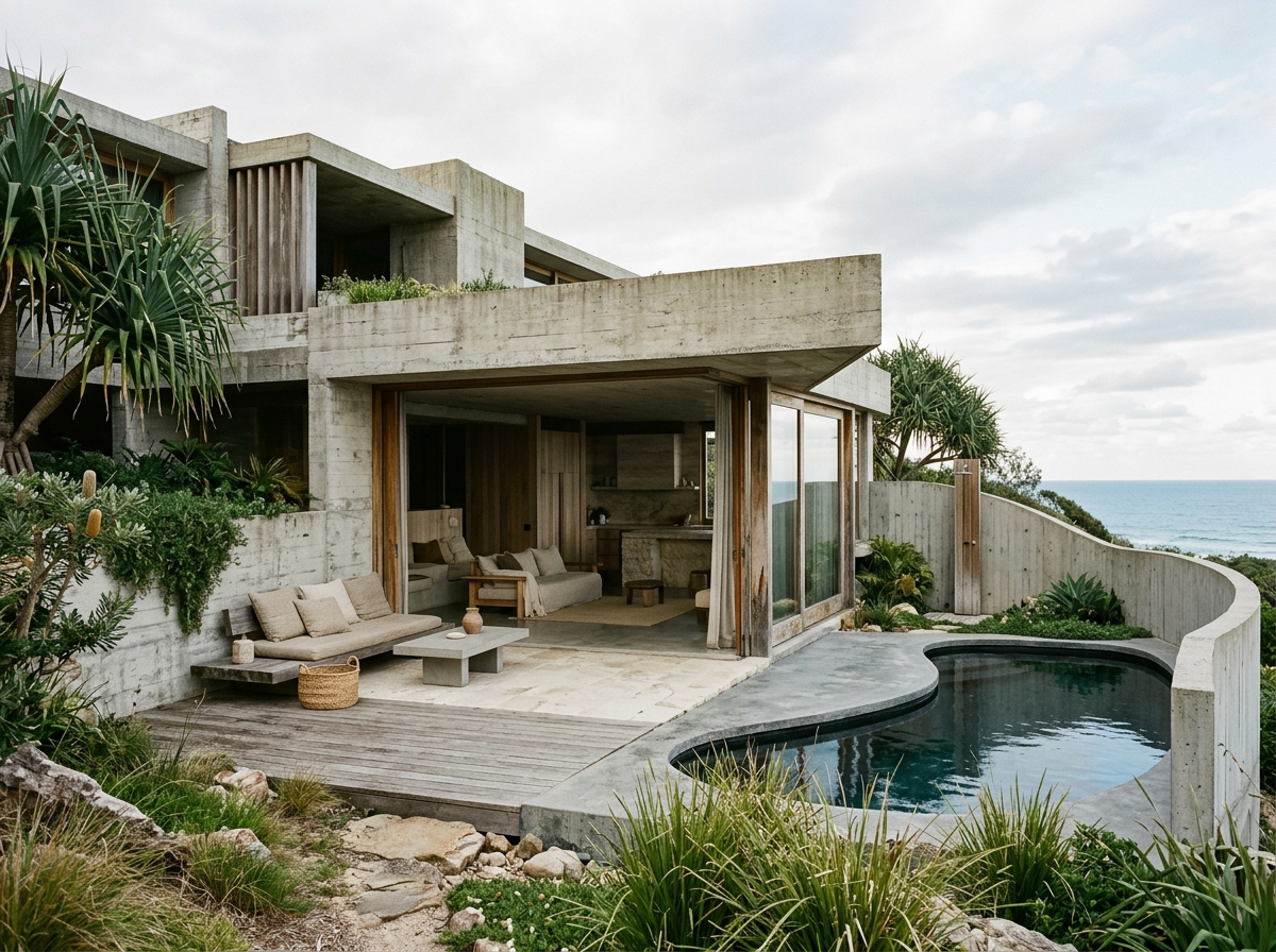 Coastal modernist private residence with pool and open living space above the beach