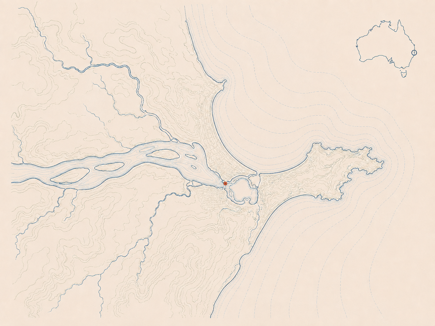 Drawn map of Noosa showing the river system, headland and coastline with a locator inset of Australia
