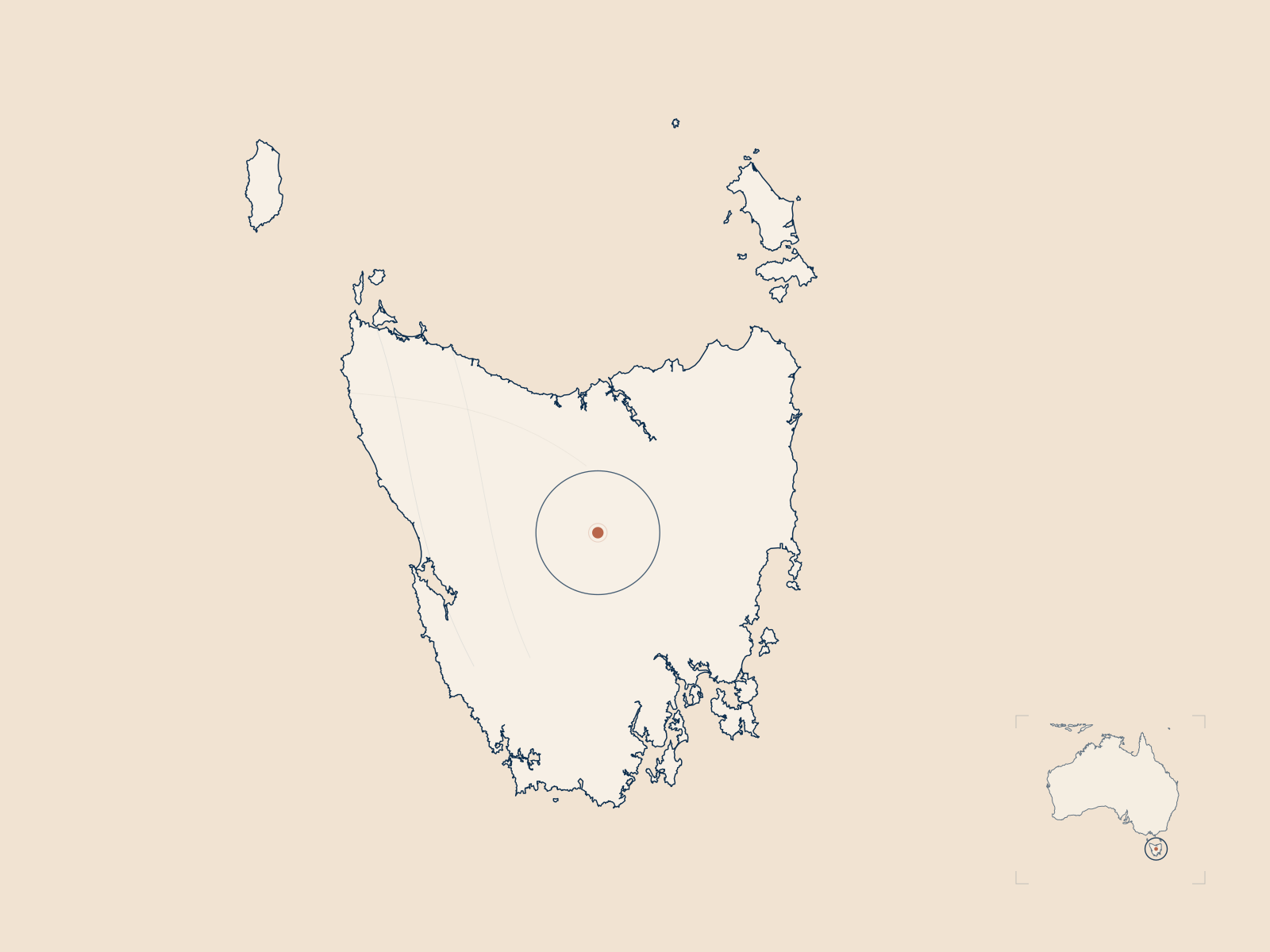 Drawn map of Tasmania and the Bass Strait islands with a marked interior point and a locator inset