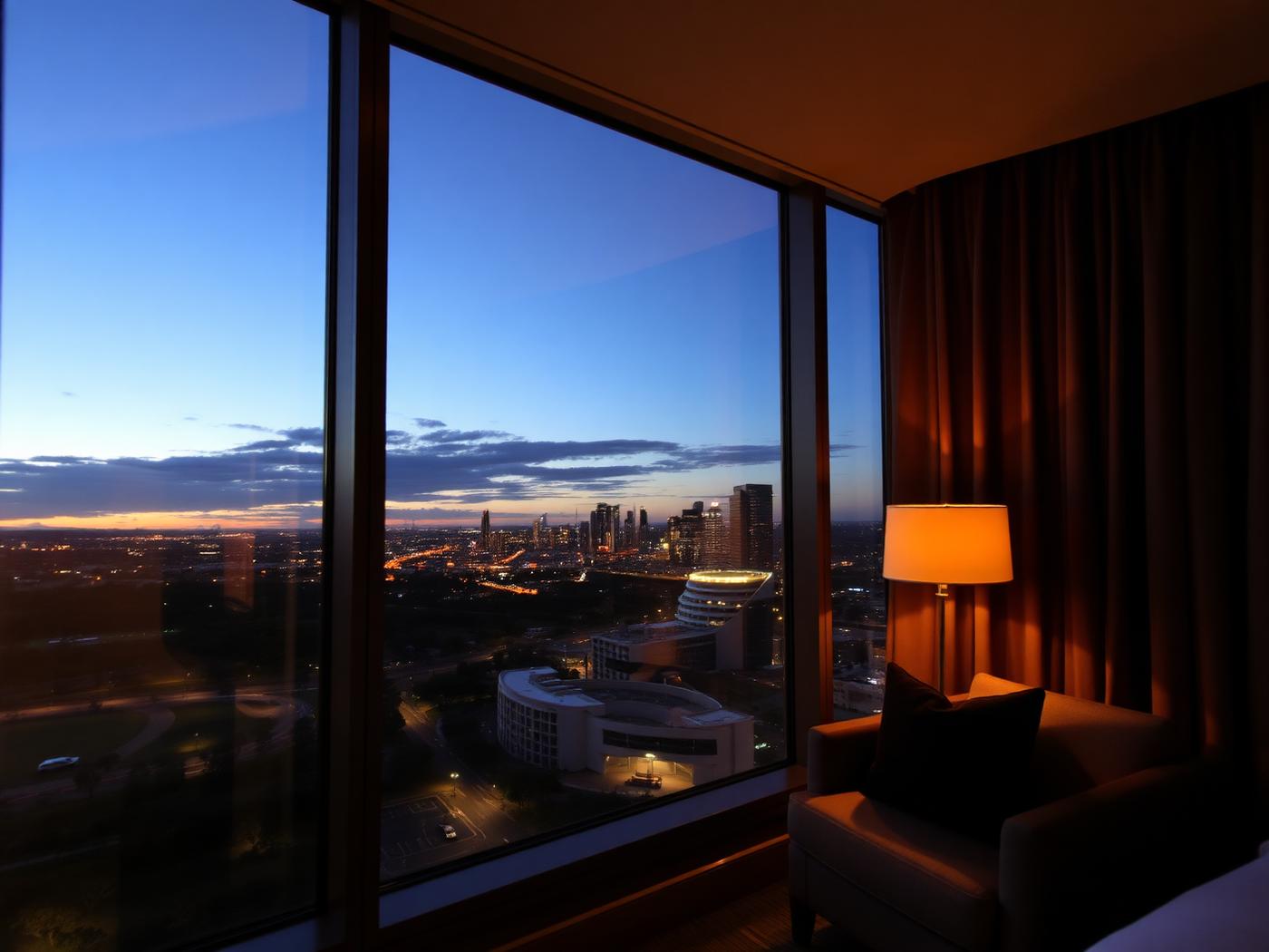 City hotel room window looking over an Australian capital city and parklands at dusk