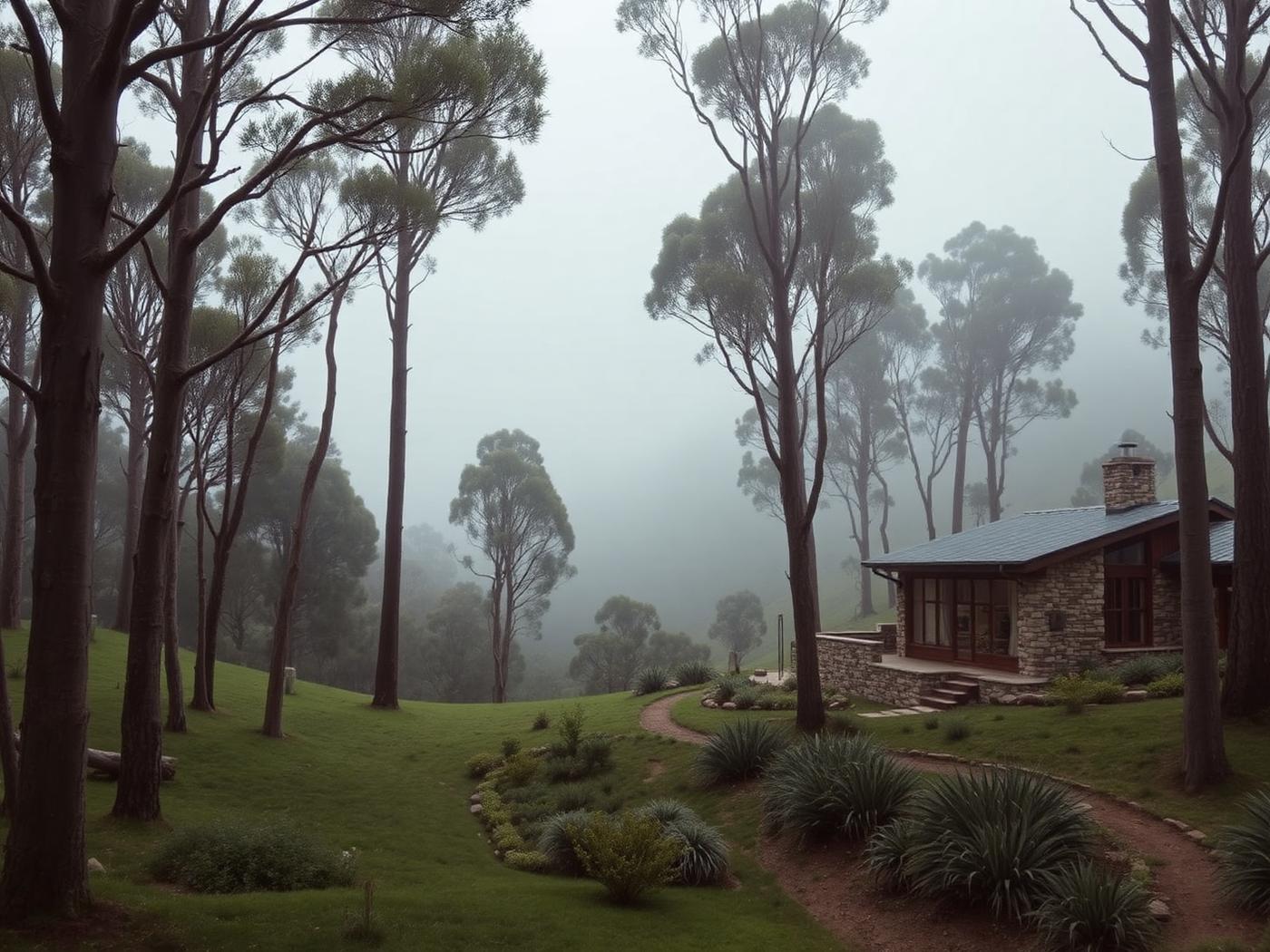 Stone and timber lodge among tall eucalypts on a green hillside with mist in the gully