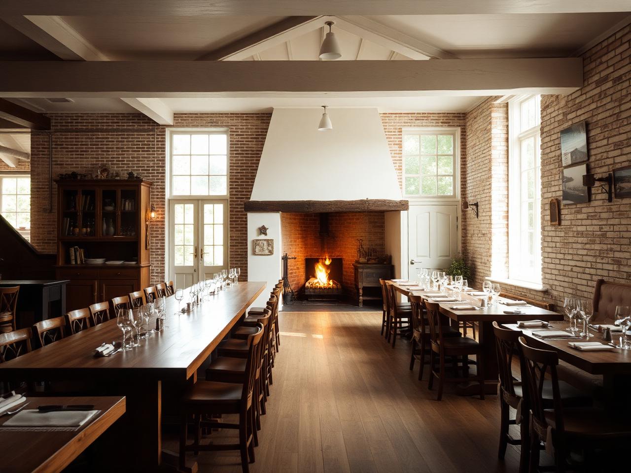Long timber tables and garden light in a valley dining room