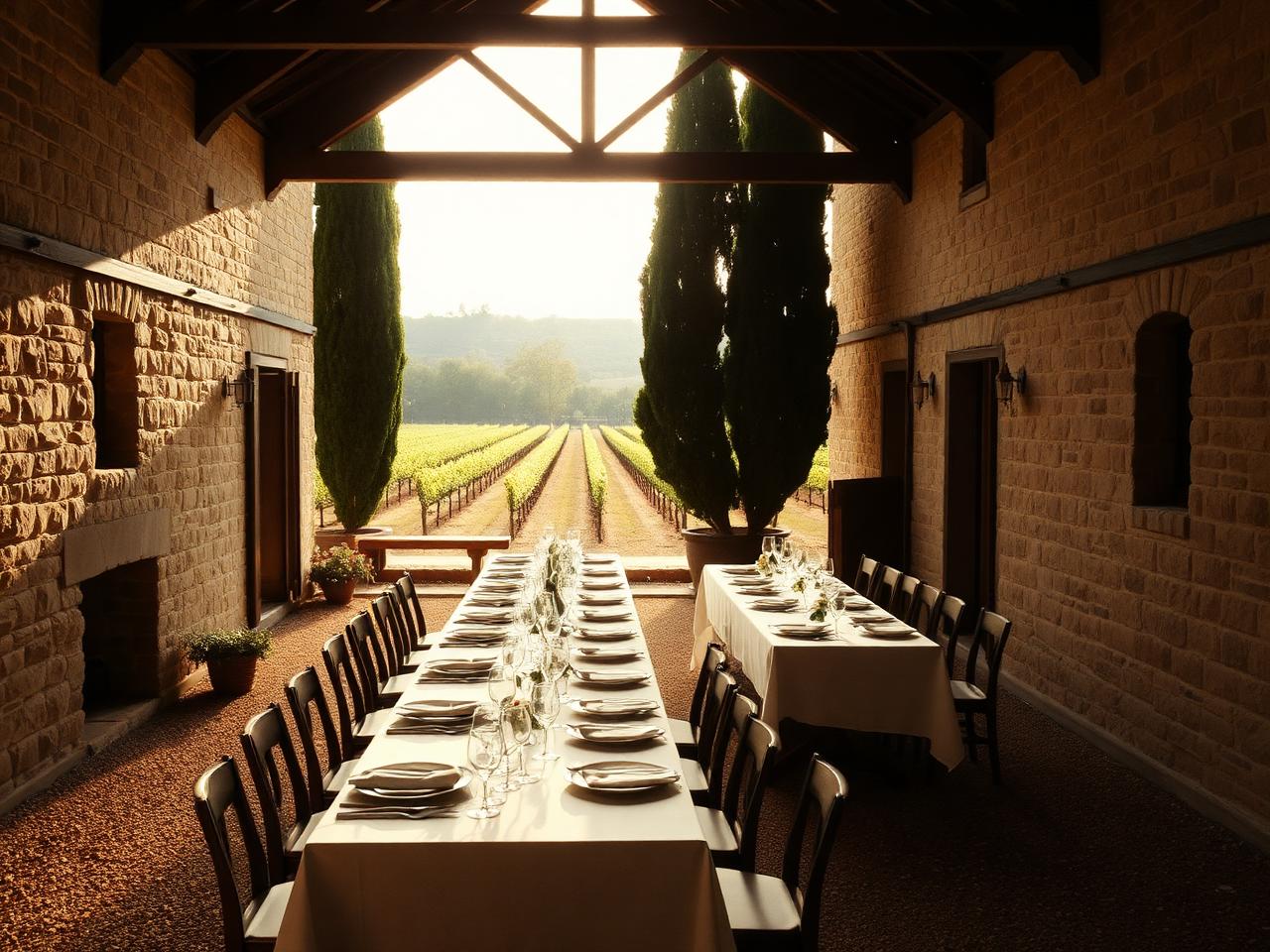 Stone farm buildings and long shaded lawn tables in a green valley