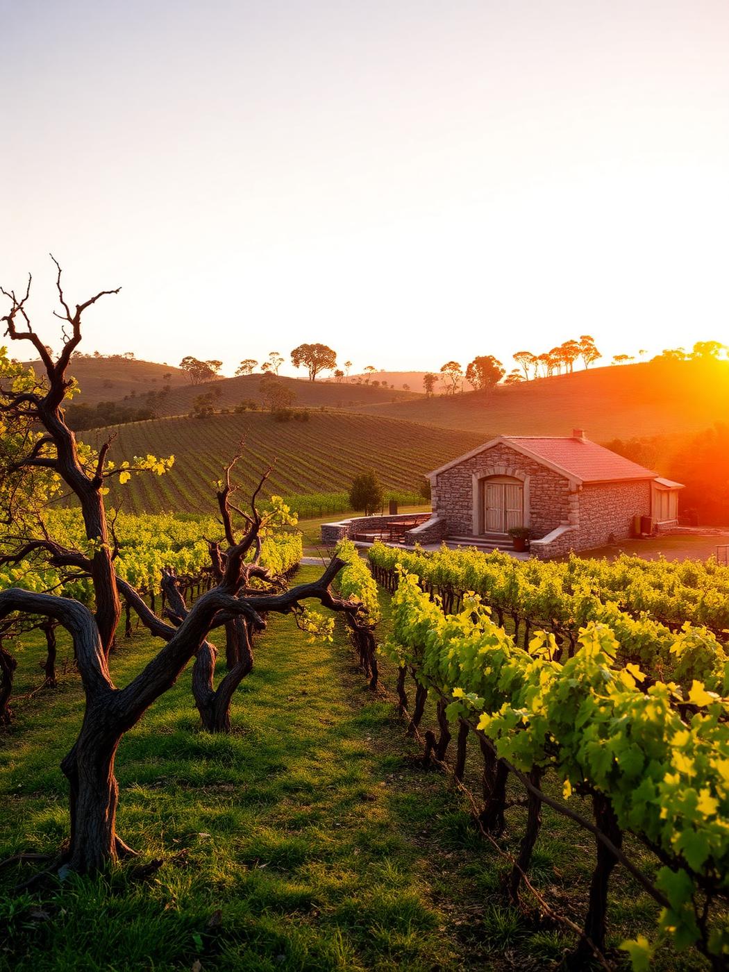 Old bush vines and a stone winery building among rolling vineyards at sunset