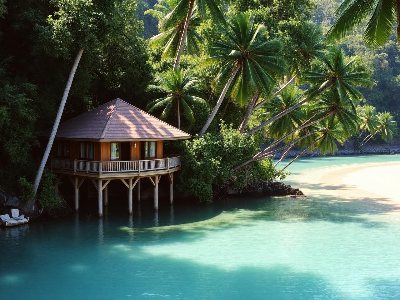 Rainforest-fringed private cove with pale sand and a small timber dinghy