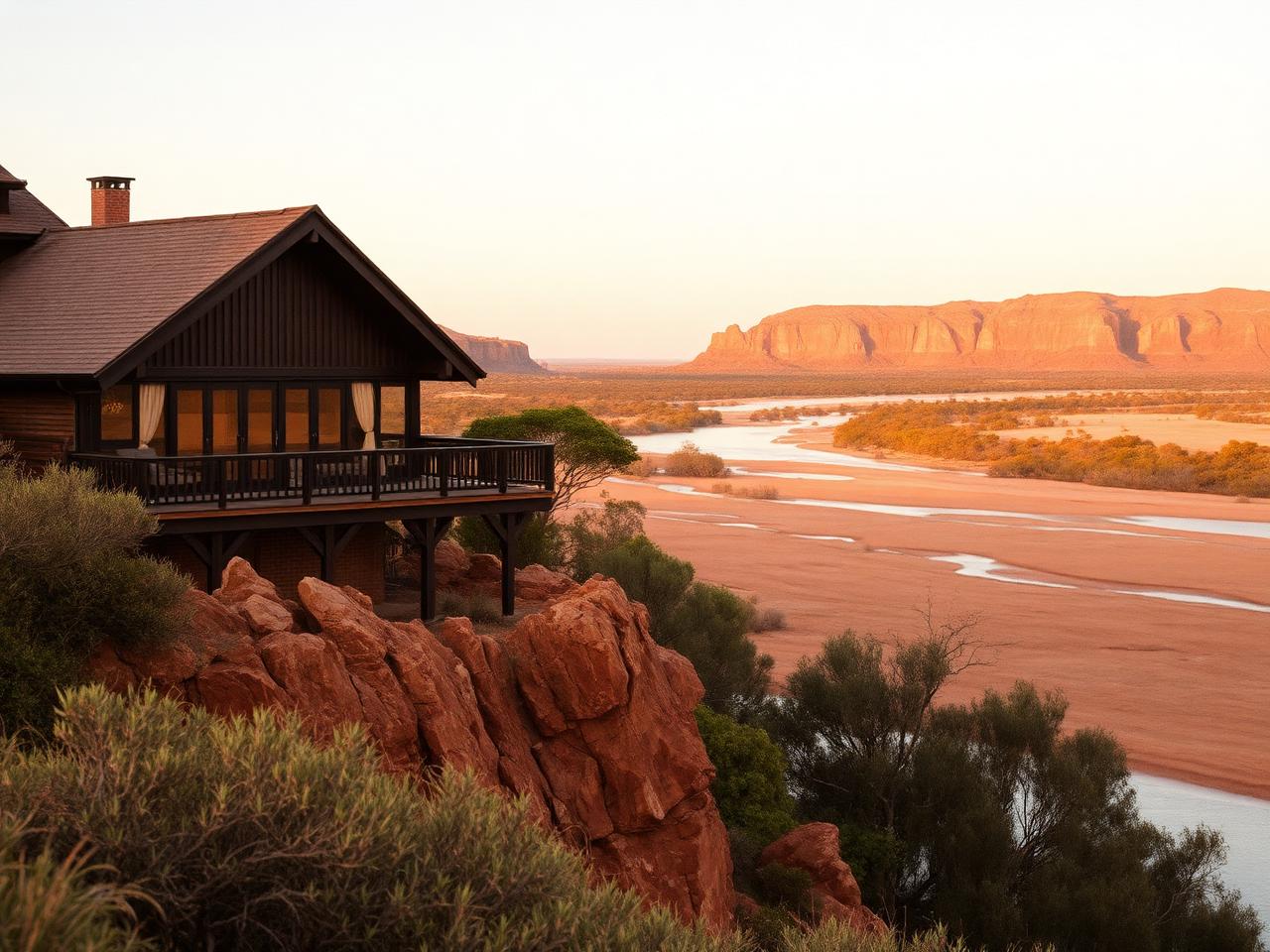 Remote coastal dunes above a wide river mouth meeting the sea at sunset