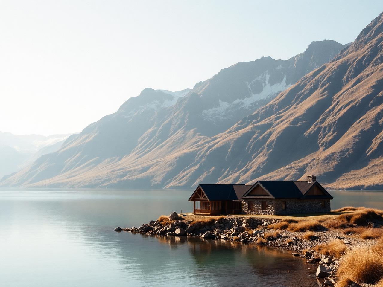 Stone and timber lodge beside an alpine lake with snow-touched mountains behind