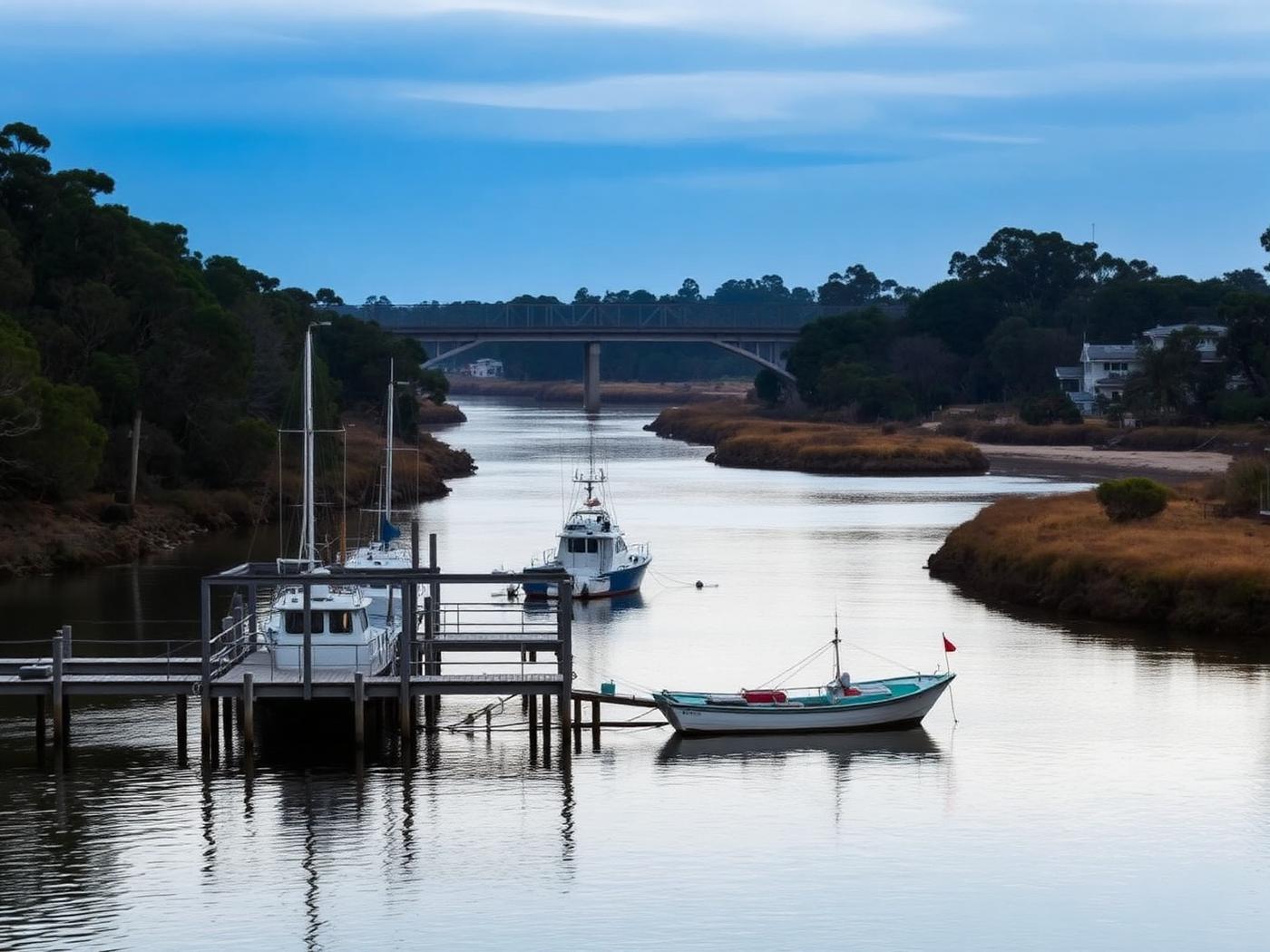 River mouth and boats at Brunswick Heads in soft morning light