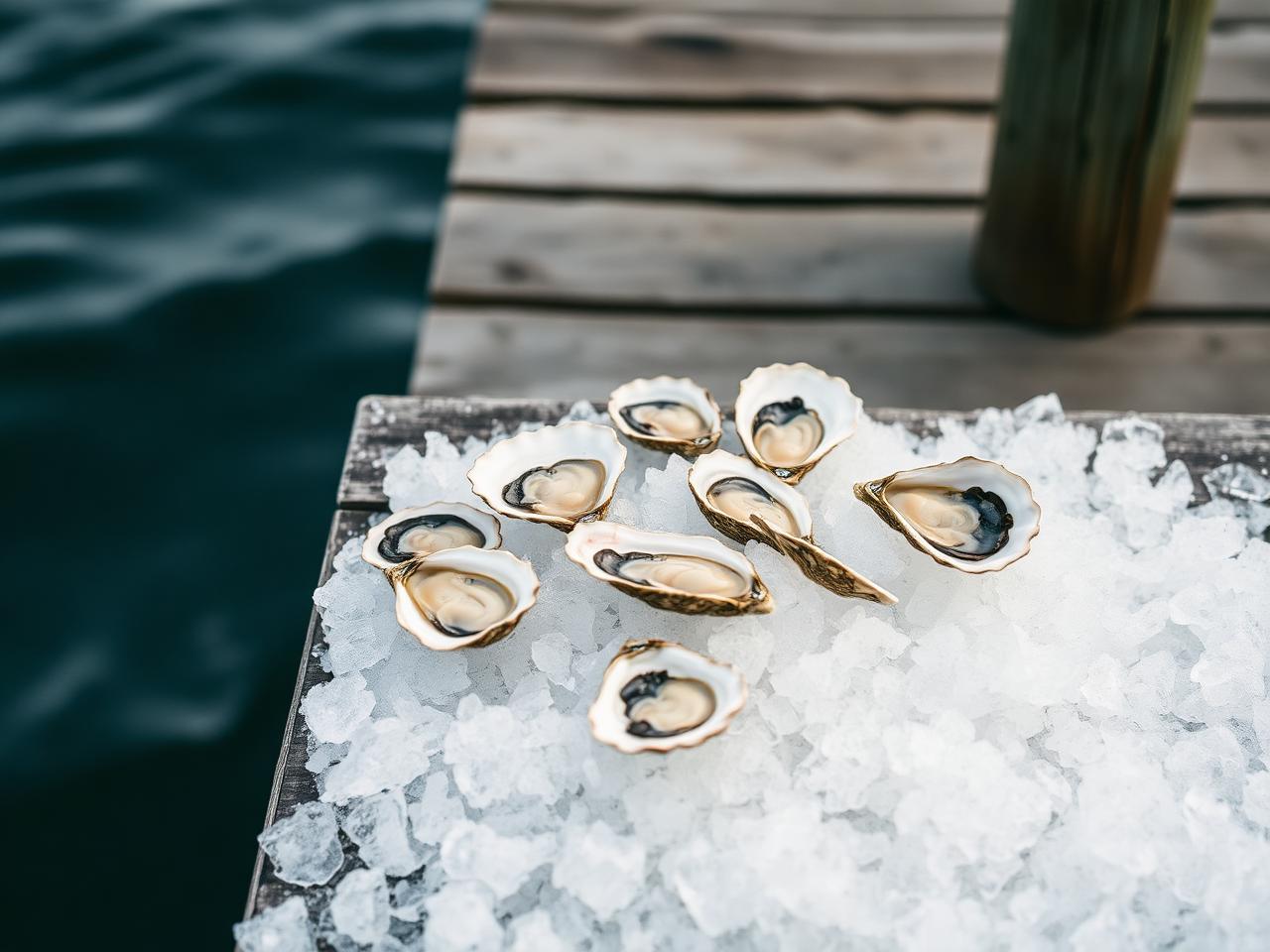 Oysters on ice on a weathered timber jetty above cold clear water