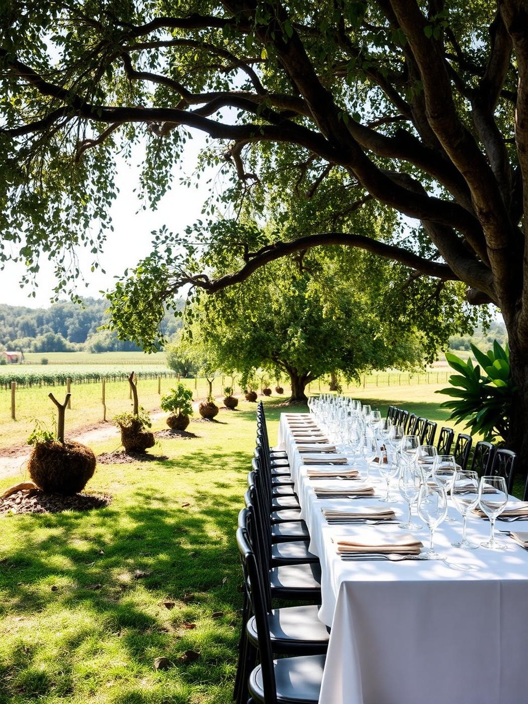 Table set outdoors under trees for a long lunch