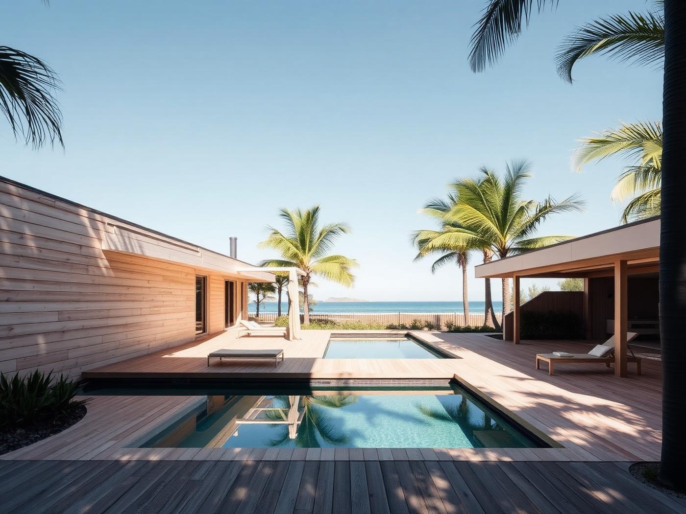 Timber and glass coastal residence with a pool set among subtropical planting