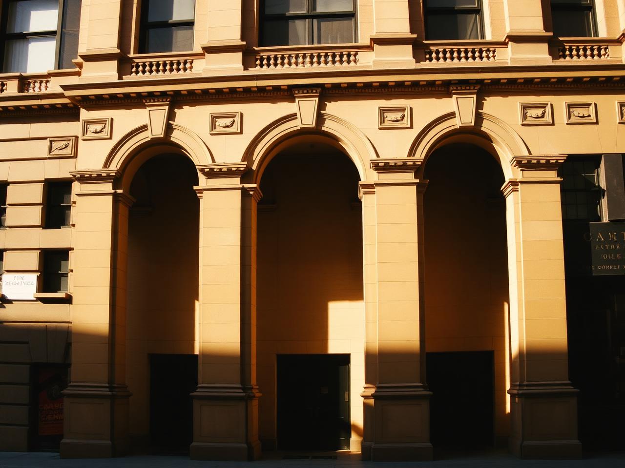 Restored sandstone hotel interior in central Sydney with high arched windows