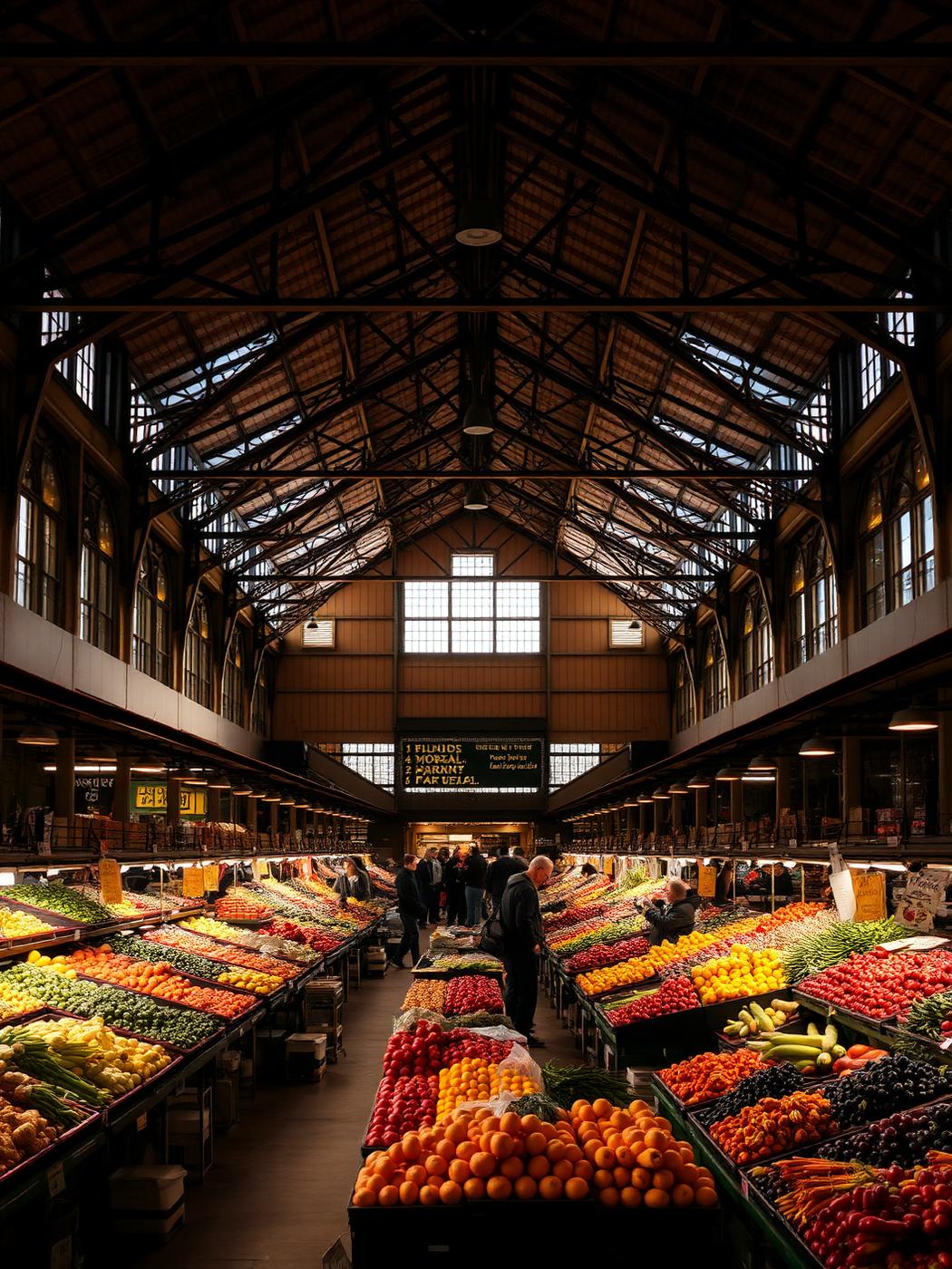 Interior of a large produce market hall with stalls of fruit and vegetables under steel trusses